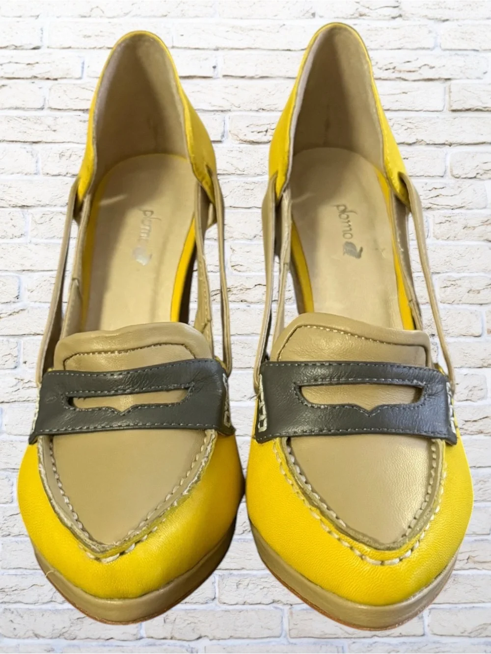 PLOMO Leather Yellow Heel Loafer Pumps - Dolce Gabana Dupes - Size 41 10-10.5